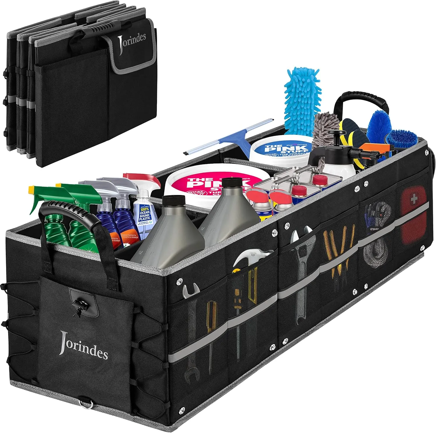 Trunk Organizer With Reflective Stripe For Car,Cargo Organizer For Suv With Non Slip Bottom Strips,3 Large Compartments Foldable Waterproof Portable Car Storage Box,2 Tie-Down Straps