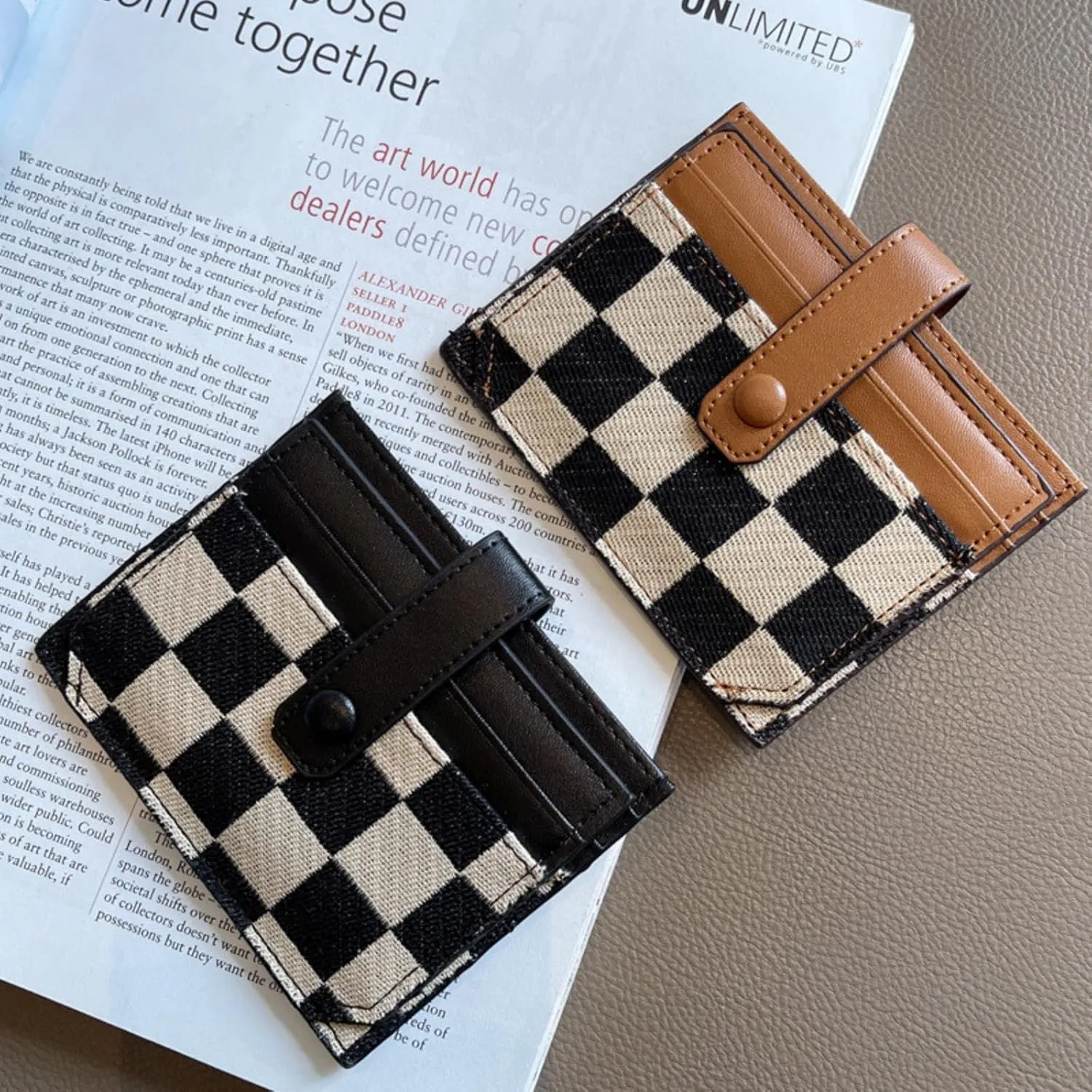TURBOOST Cute Slim Card Holder Canvas Front Pocket Checkered Wallet, Small Credit Card Case for Women (Brown)