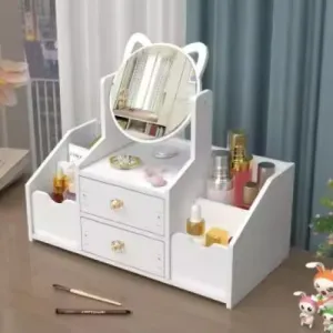 TWINS CHA & SAL Makeup Organizer with Cat Mirror, White Storage Box, 2 Drawers, 15.7 x 7.9 x 5.5 inches (Round)