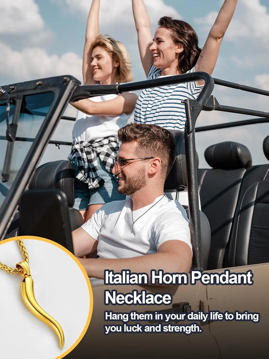 U7 Italian Horn Necklace for Men Women,Stainless Steel/Black/Gold Horn Necklace,Lucky Amulet Cornicello Pendant