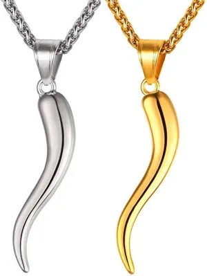 U7 Italian Horn Necklace for Men Women,Stainless Steel/Black/Gold Horn Necklace,Lucky Amulet Cornicello Pendant