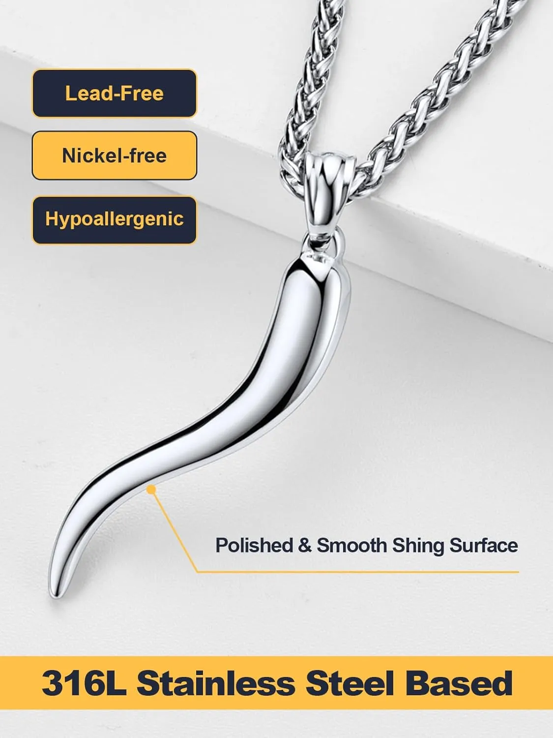 U7 Italian Horn Necklace for Men Women,Stainless Steel/Black/Gold Horn Necklace,Lucky Amulet Cornicello Pendant