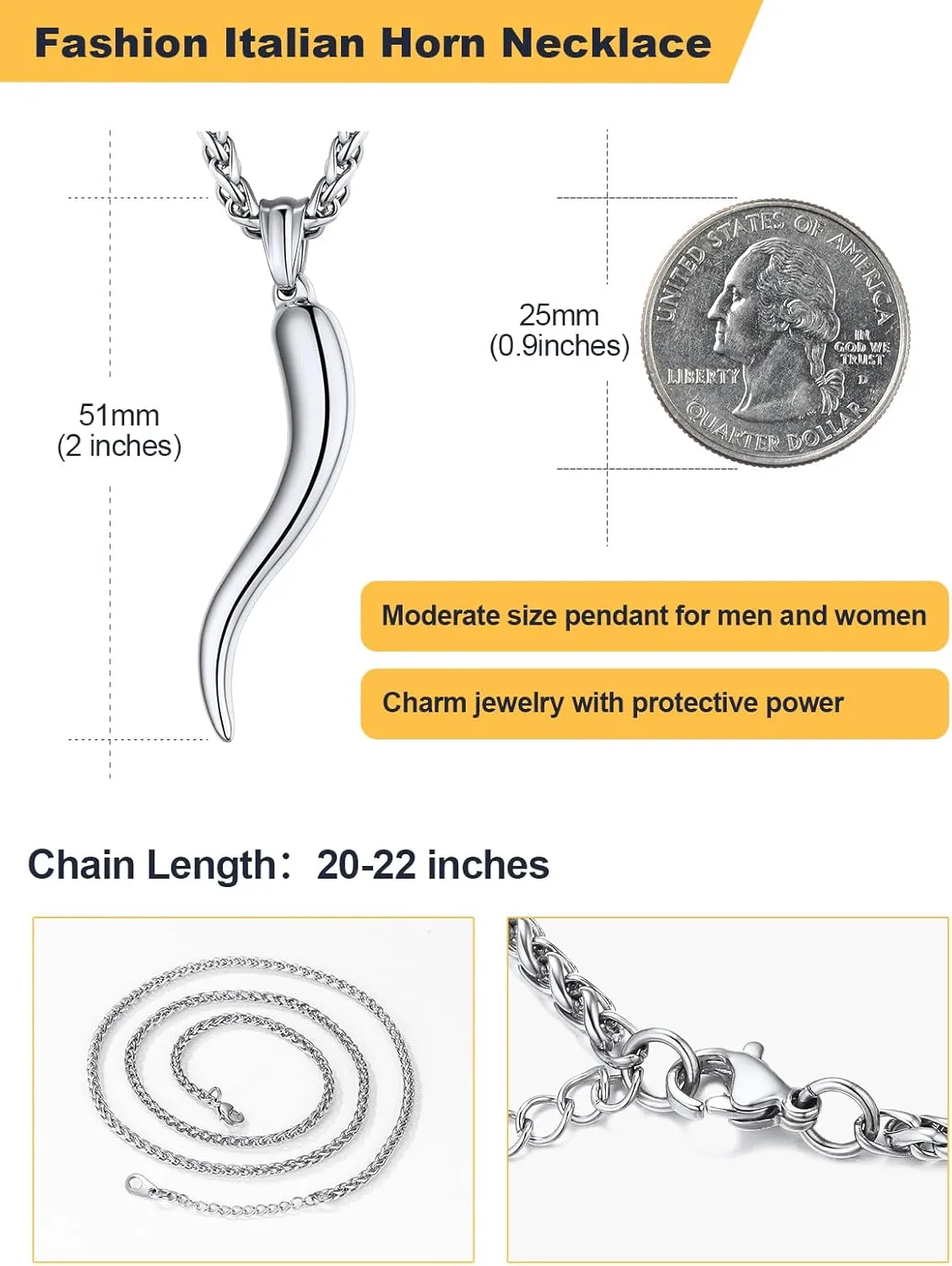 U7 Italian Horn Necklace for Men Women,Stainless Steel/Black/Gold Horn Necklace,Lucky Amulet Cornicello Pendant