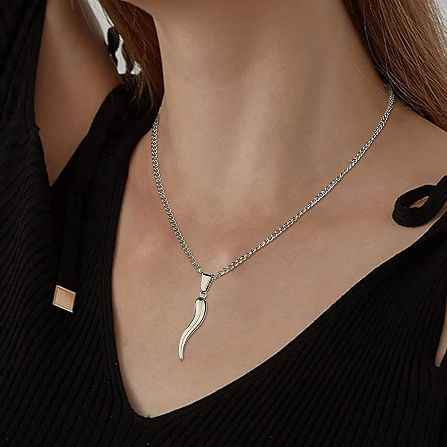 U7 Italian Horn Necklace for Men Women,Stainless Steel/Black/Gold Horn Necklace,Lucky Amulet Cornicello Pendant