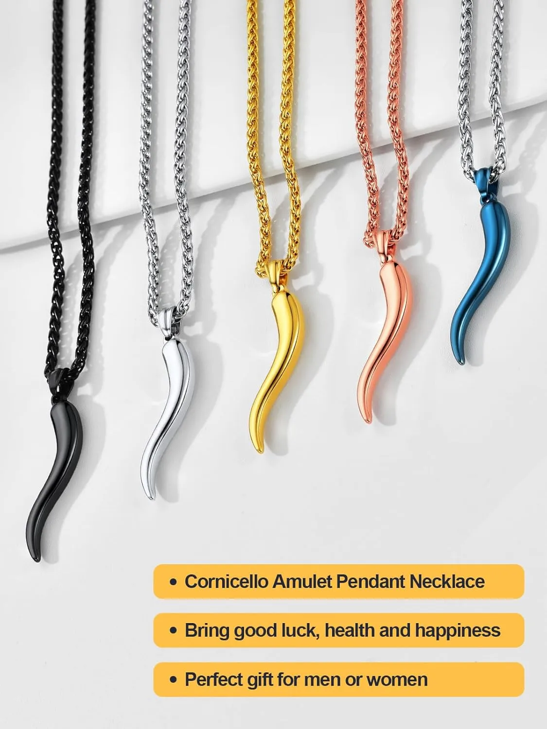 U7 Italian Horn Necklace for Men Women,Stainless Steel/Black/Gold Horn Necklace,Lucky Amulet Cornicello Pendant