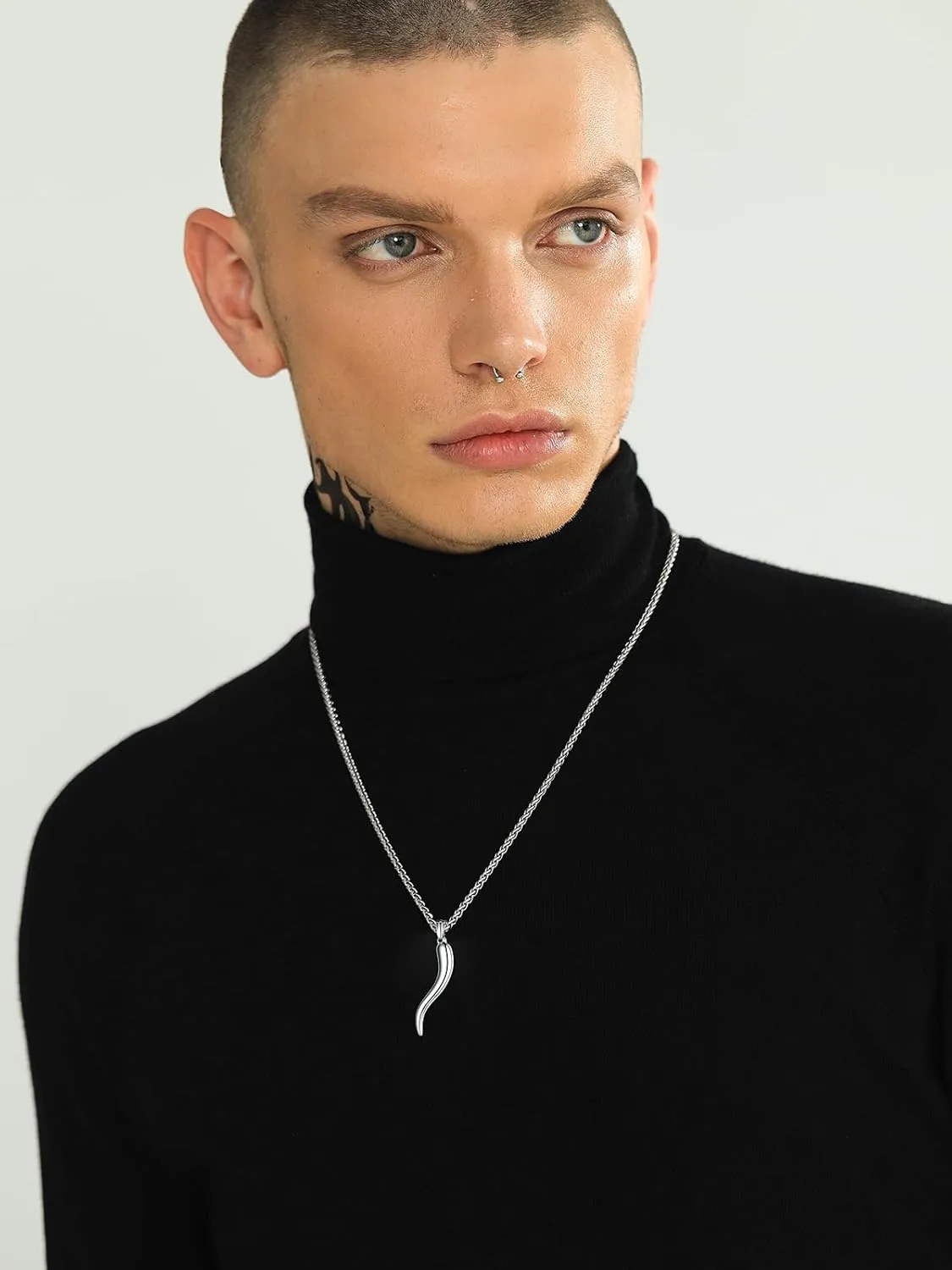 U7 Italian Horn Necklace for Men Women,Stainless Steel/Black/Gold Horn Necklace,Lucky Amulet Cornicello Pendant