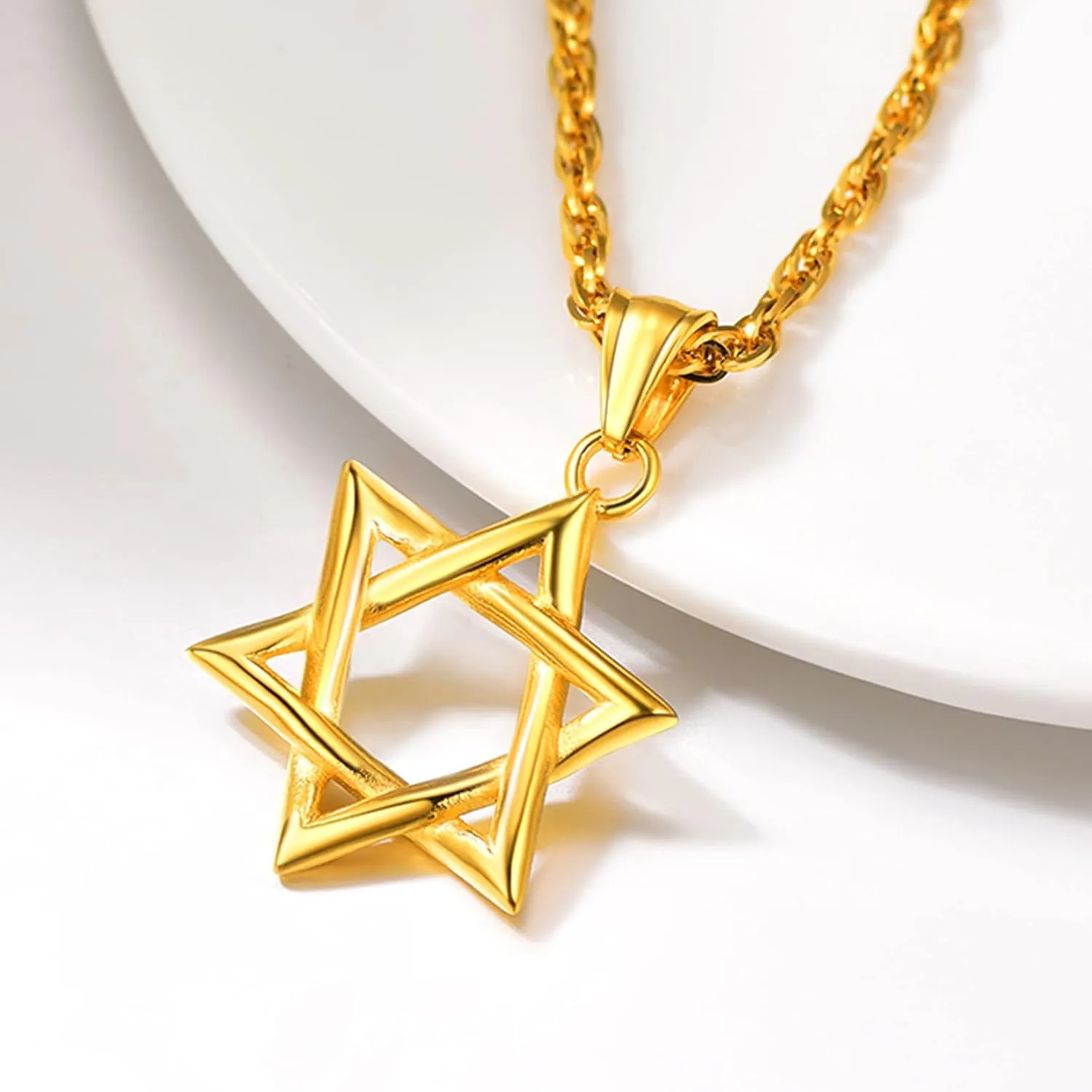 U7 Star of David Necklace for Men Women Gold/Stainless Steel Hexagon Pendant with Cross/Ruby Stone/Classic Jewish Isael Necklaces, Length 22" 24" 26"