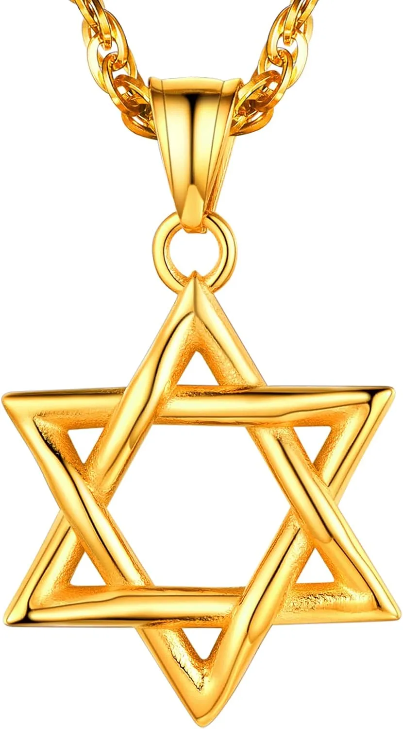U7 Star of David Necklace for Men Women Gold/Stainless Steel Hexagon Pendant with Cross/Ruby Stone/Classic Jewish Isael Necklaces, Length 22" 24" 26"