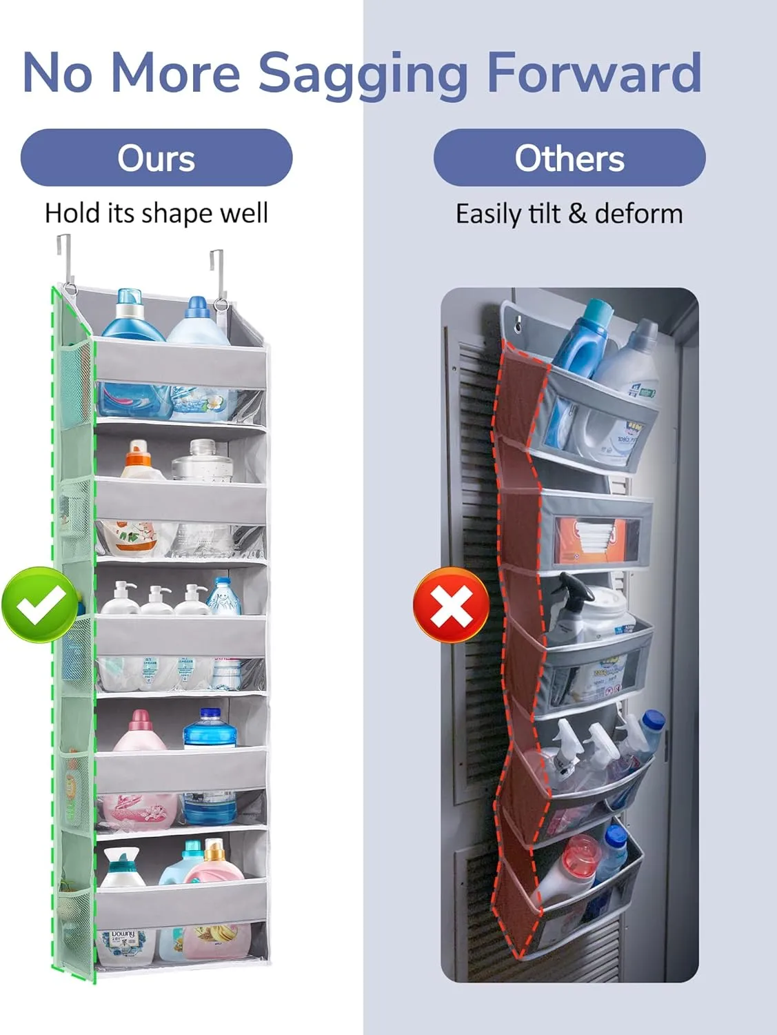 ULG 1 Pack Over Door Organizer with 5 Large Pockets 10 Mesh Side Pockets, 44 lbs Weight Capacity Hanging Storage Organizer with Clear Window for Kids Toys, Shoes, Diapers, Grey, 5 Layer
