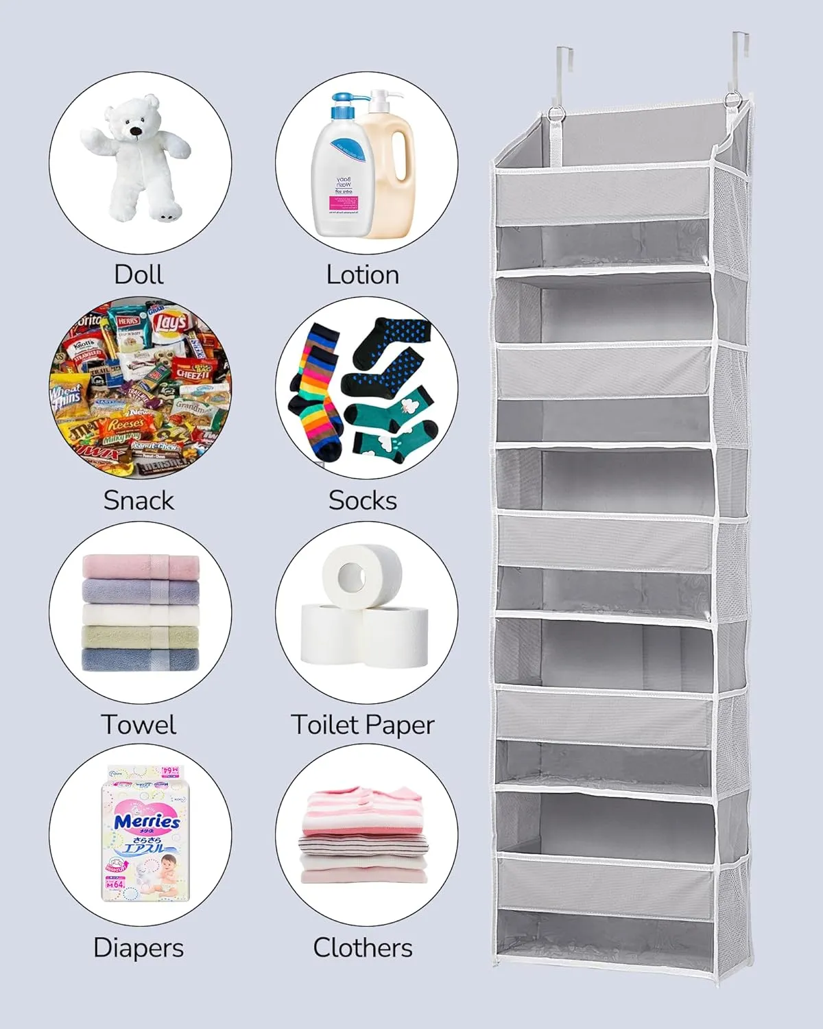 ULG 1 Pack Over Door Organizer with 5 Large Pockets 10 Mesh Side Pockets, 44 lbs Weight Capacity Hanging Storage Organizer with Clear Window for Kids Toys, Shoes, Diapers, Grey, 5 Layer