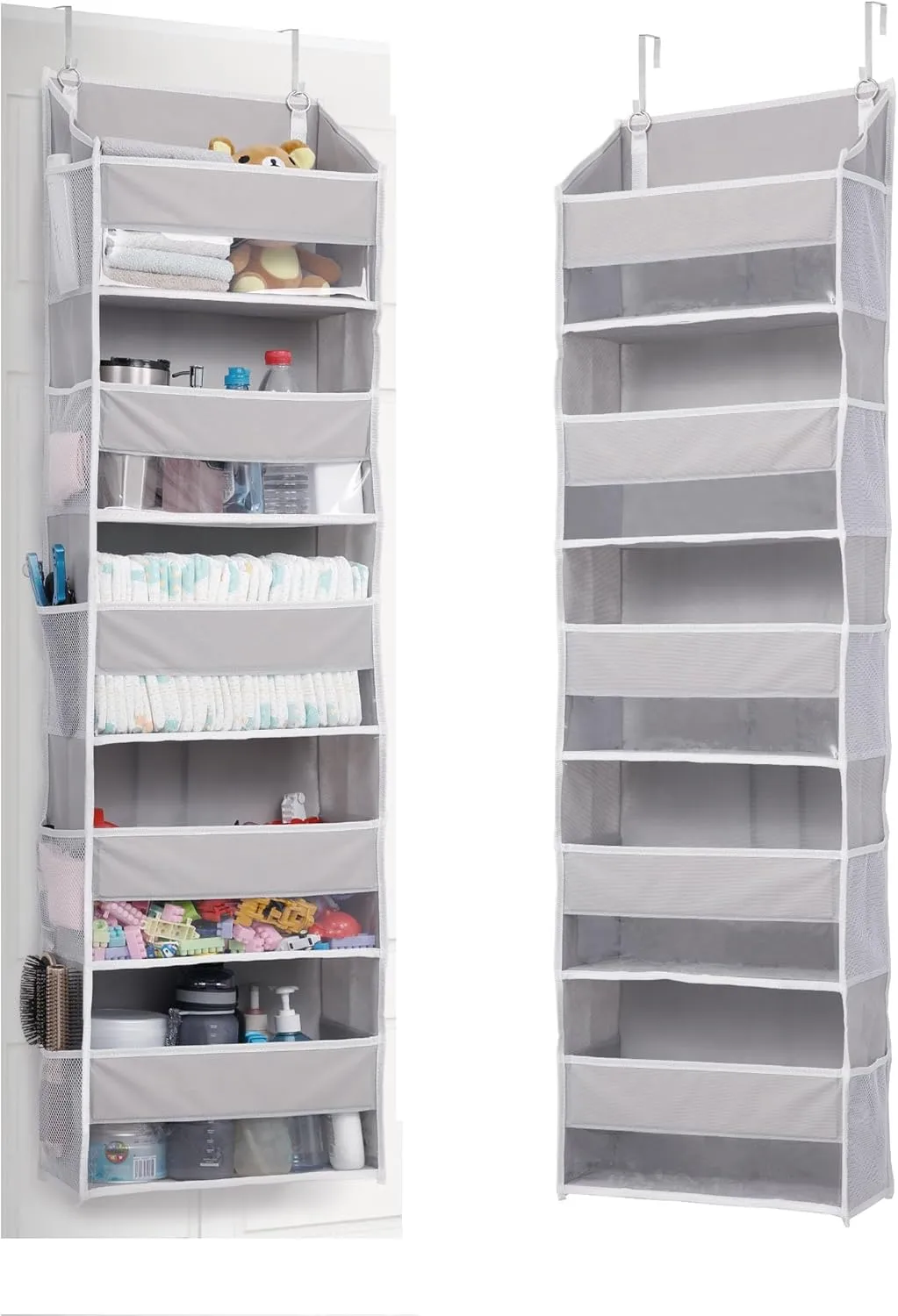 ULG 1 Pack Over Door Organizer with 5 Large Pockets 10 Mesh Side Pockets, 44 lbs Weight Capacity Hanging Storage Organizer with Clear Window for Kids Toys, Shoes, Diapers, Grey, 5 Layer