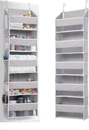 ULG 1 Pack Over Door Organizer with 5 Large Pockets 10 Mesh Side Pockets, 44 lbs Weight Capacity Hanging Storage Organizer with Clear Window for Kids Toys, Shoes, Diapers, Grey, 5 Layer