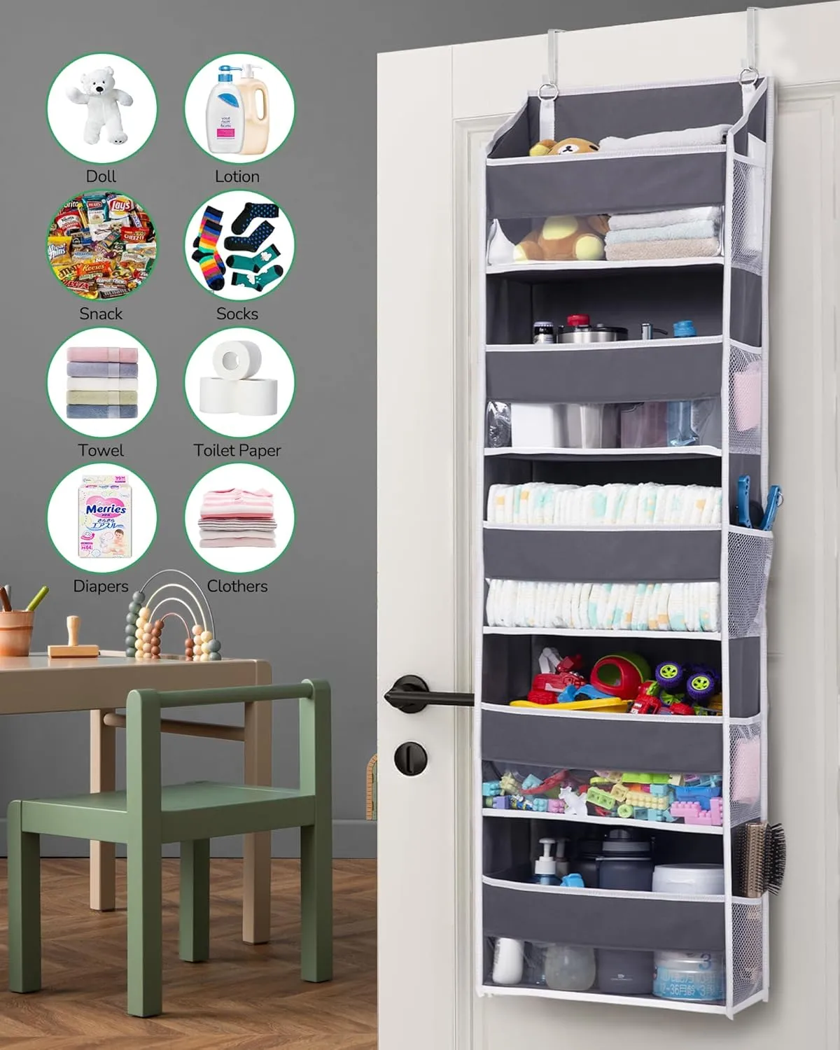 ULG 1 Pack Over Door Organizer with 5 Large Pockets 10 Mesh Side Pockets, 44 lbs Weight Capacity Hanging Storage Organizer with Clear Window Kids Toys, Shoes, Diapers, Dark Grey, 5 Layers