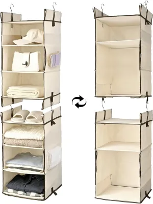 ULG 2-Pack Hanging Closet Organizer, 2/3-Tier Reversible Clothing Hanging Shelves with 4 Side Pockets for Wardrobe Clothes Sweater Handbag Storage, Foldable, Ivory
