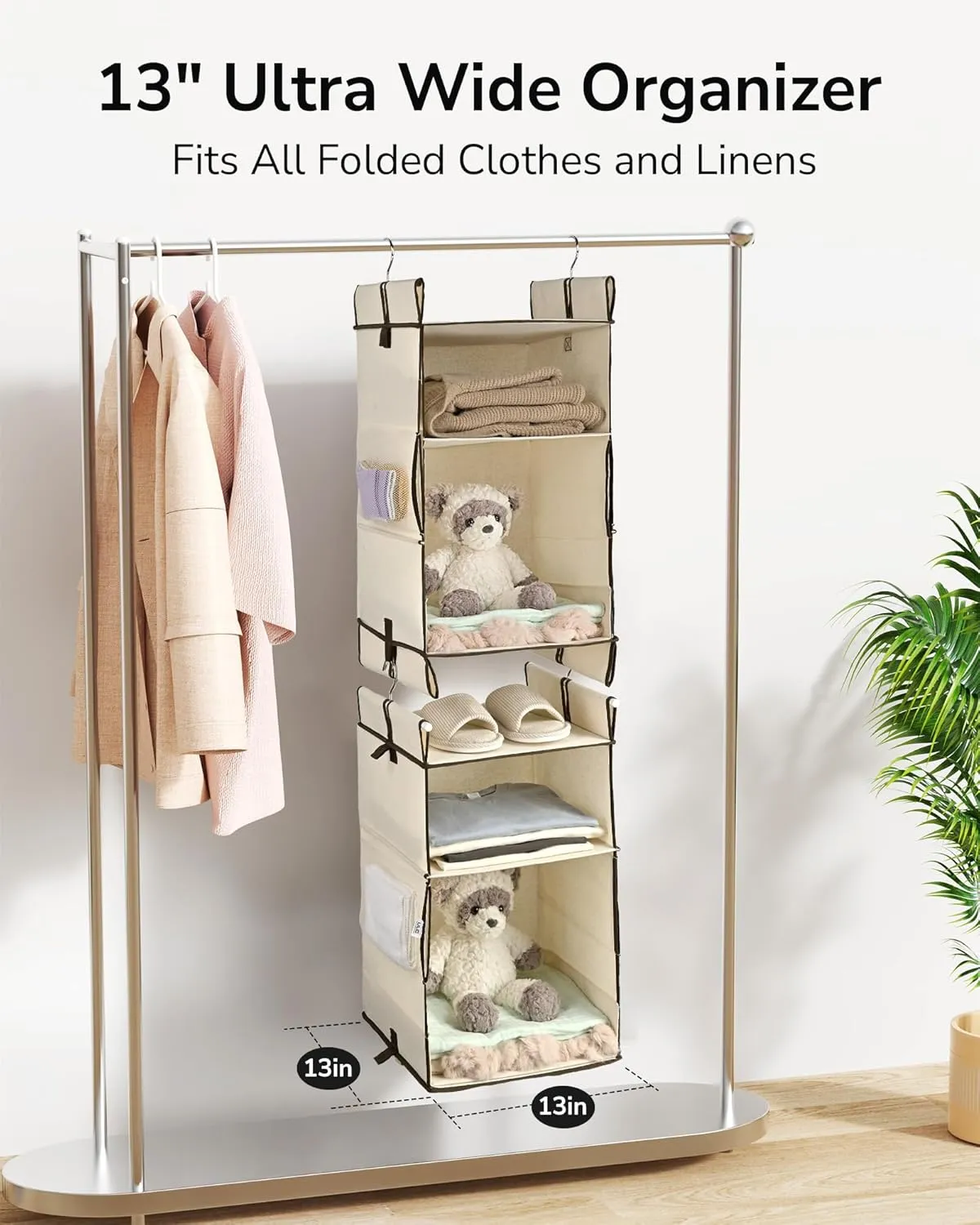 ULG 2-Pack Hanging Closet Organizer, 2/3-Tier Reversible Clothing Hanging Shelves with 4 Side Pockets for Wardrobe Clothes Sweater Handbag Storage, Foldable, Ivory