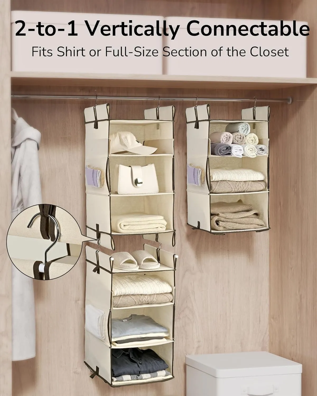 ULG 2-Pack Hanging Closet Organizer, 2/3-Tier Reversible Clothing Hanging Shelves with 4 Side Pockets for Wardrobe Clothes Sweater Handbag Storage, Foldable, Ivory