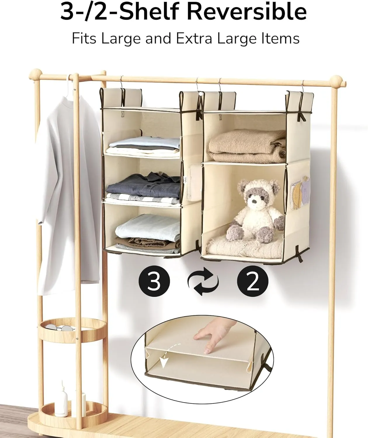ULG 2-Pack Hanging Closet Organizer, 2/3-Tier Reversible Clothing Hanging Shelves with 4 Side Pockets for Wardrobe Clothes Sweater Handbag Storage, Foldable, Ivory