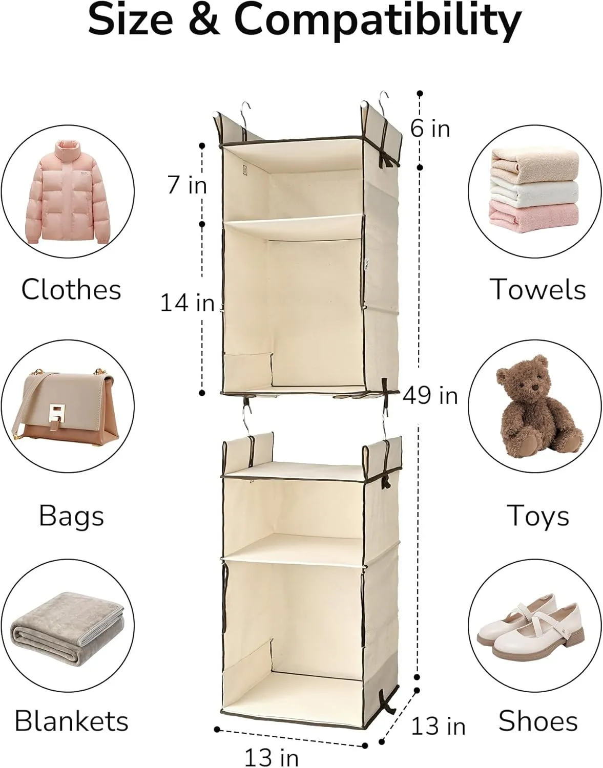 ULG 2-Pack Hanging Closet Organizer, 2/3-Tier Reversible Clothing Hanging Shelves with 4 Side Pockets for Wardrobe Clothes Sweater Handbag Storage, Foldable, Ivory