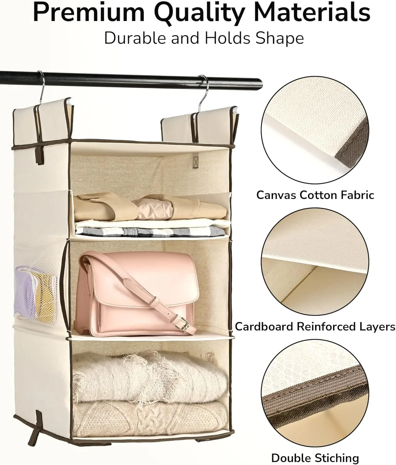ULG 2-Pack Hanging Closet Organizer, 2/3-Tier Reversible Clothing Hanging Shelves with 4 Side Pockets for Wardrobe Clothes Sweater Handbag Storage, Foldable, Ivory