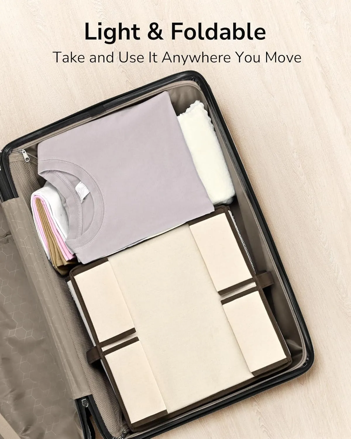 ULG 2-Pack Hanging Closet Organizer, 2/3-Tier Reversible Clothing Hanging Shelves with 4 Side Pockets for Wardrobe Clothes Sweater Handbag Storage, Foldable, Ivory