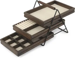 Umbra 1004037-048 Terrace Jewelry Tray – Three-Tier Jewelry Tray With Three Sliding Linen Lined Wood Trays With Metal Frame and Handle, Easy Storage and Access, Black/Walnut Finish