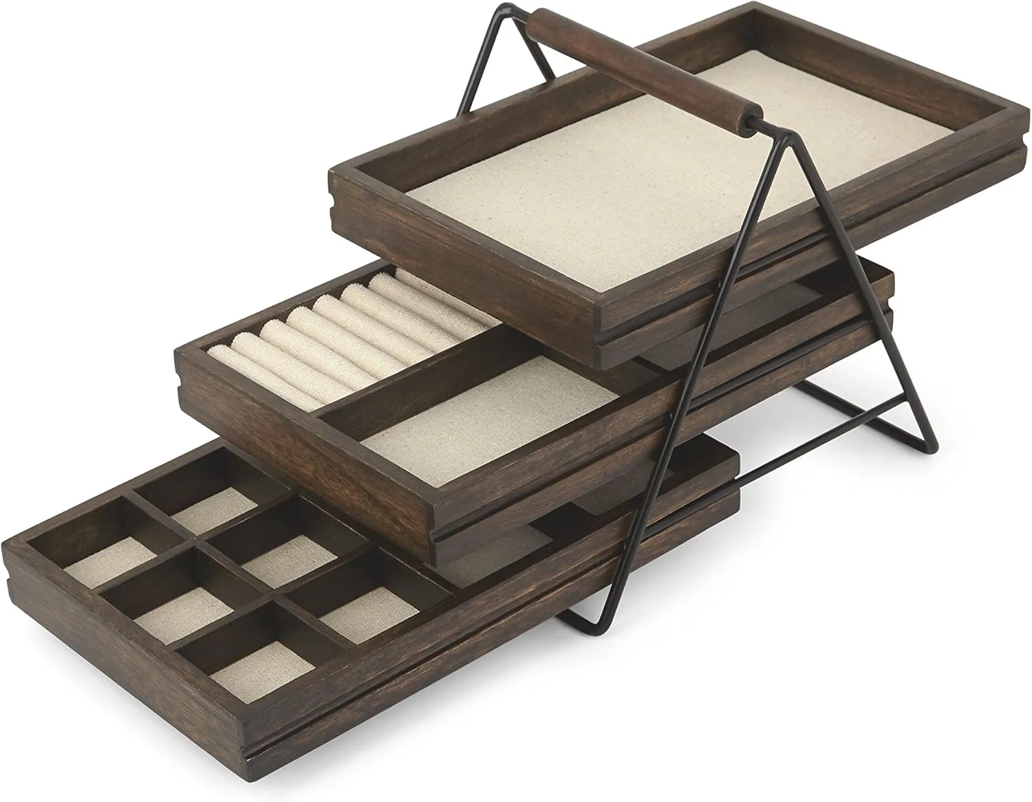 Umbra 1004037-048 Terrace Jewelry Tray – Three-Tier Jewelry Tray With Three Sliding Linen Lined Wood Trays With Metal Frame and Handle, Easy Storage and Access, Black/Walnut Finish