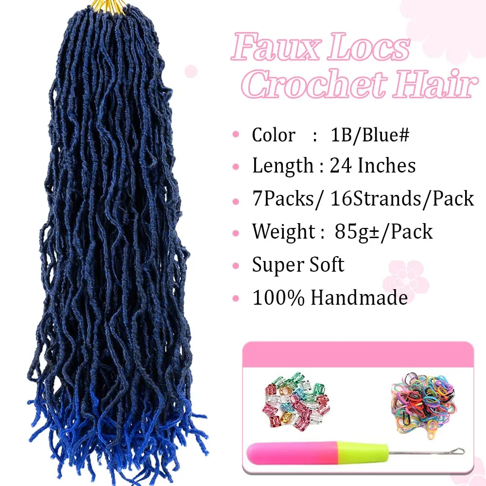 Umylar Faux Locs Crochet Hair 24 inch 7 Packs Soft Locs Crochet Hair Pre Looped Goddess Curly Wavy Synthetic Crochet Hair For Black Women (24 Inch, 7Packs, 1B/blue#)