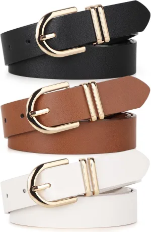 UnFader Pack 3 Women Belts for Jeans Pants, Fashion Gold Buckle Leather Belts