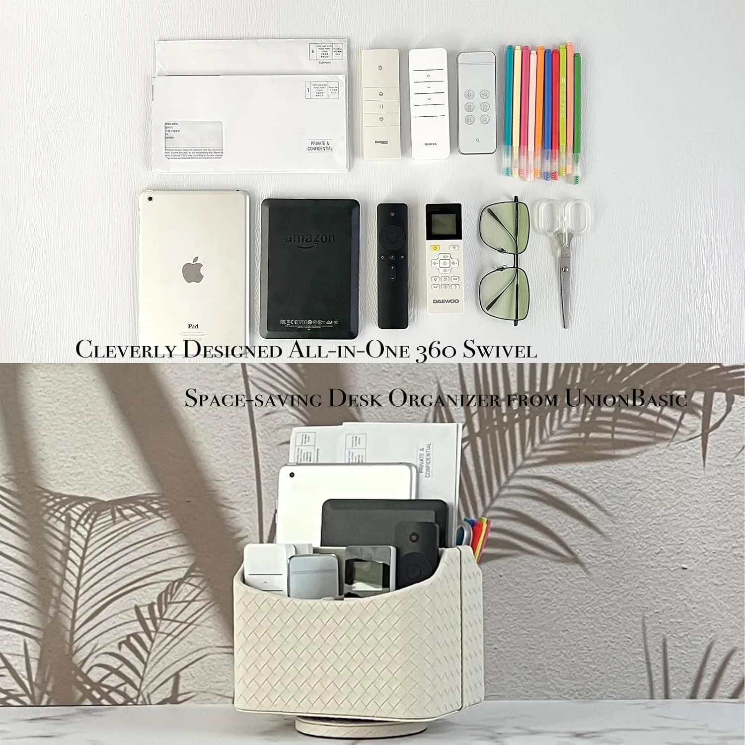 UnionBasic Rotating Desk Organizer, 360 Degree Desk Spinning Caddy, Desktop TV Guide/Mail/Media/Remote Controller Holder Organizer, Woven Beige