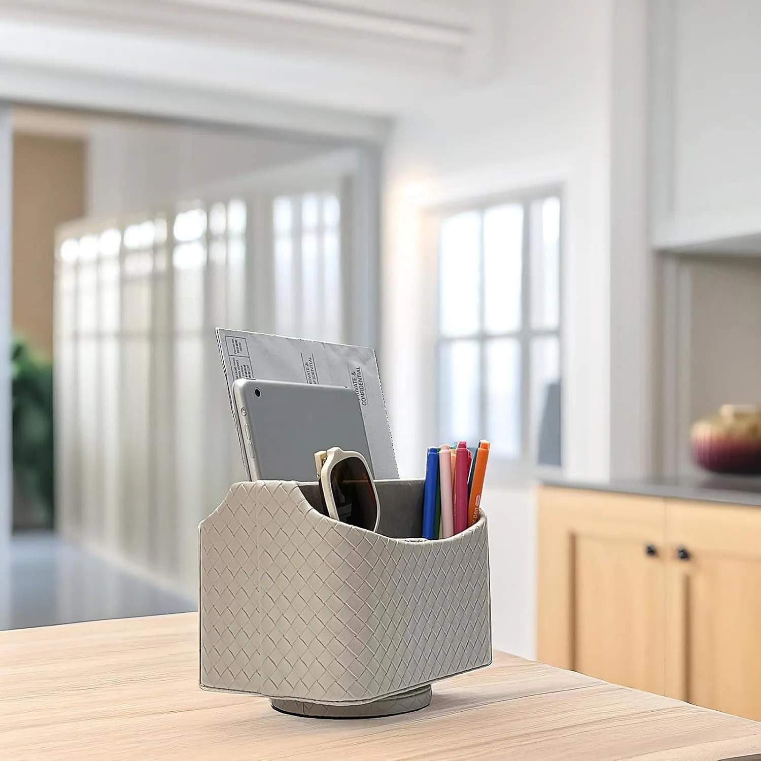 UnionBasic Rotating Desk Organizer, 360 Degree Desk Spinning Caddy, Desktop TV Guide/Mail/Media/Remote Controller Holder Organizer, Woven Beige