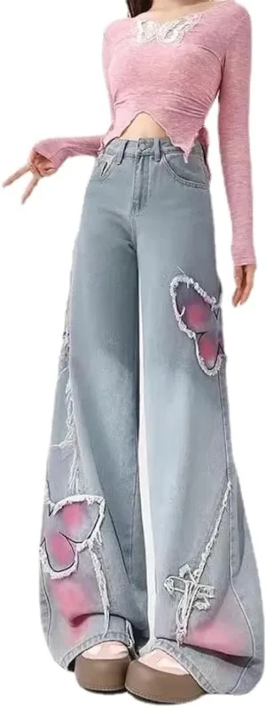 Unisex Vintage Baggy Embroidery Wide Jeans 90s High Waist Y2k Hiphop Grunge Jeans Casual Loose Goth Denim Harajuku