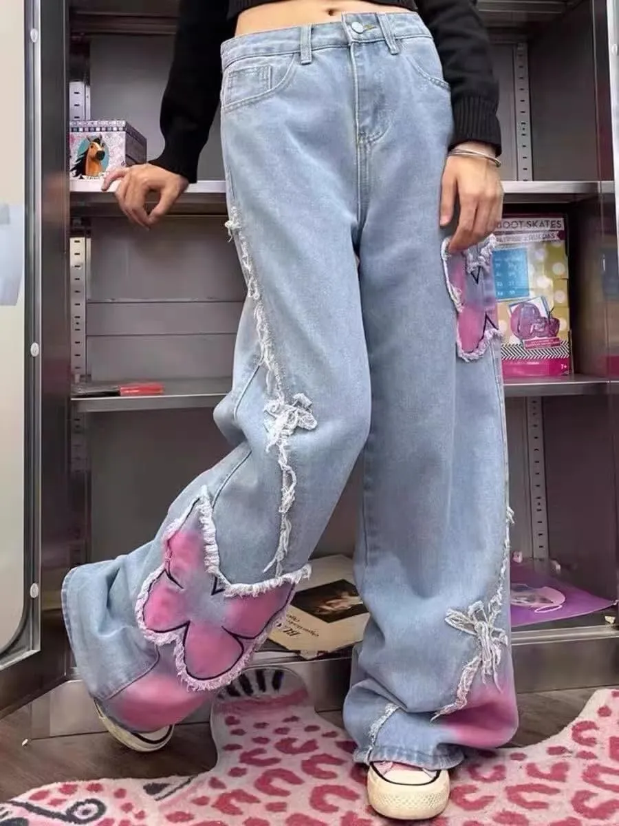 Unisex Vintage Baggy Embroidery Wide Jeans 90s High Waist Y2k Hiphop Grunge Jeans Casual Loose Goth Denim Harajuku