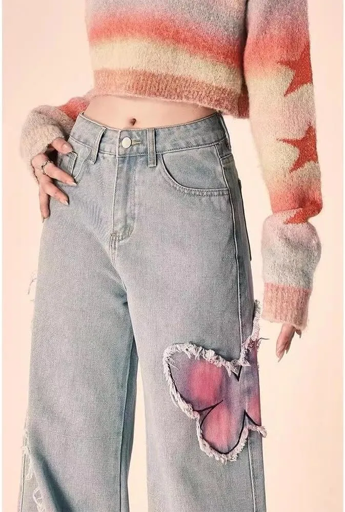 Unisex Vintage Baggy Embroidery Wide Jeans 90s High Waist Y2k Hiphop Grunge Jeans Casual Loose Goth Denim Harajuku