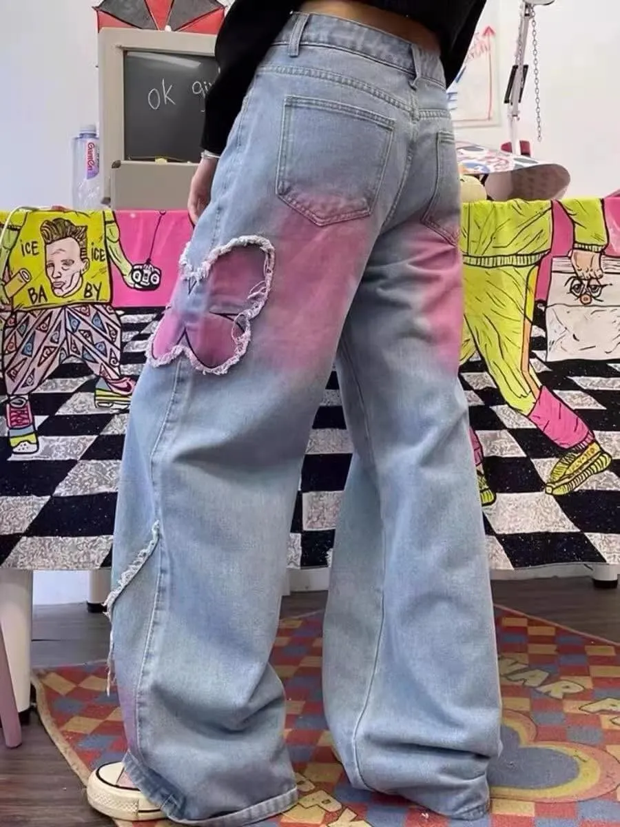 Unisex Vintage Baggy Embroidery Wide Jeans 90s High Waist Y2k Hiphop Grunge Jeans Casual Loose Goth Denim Harajuku