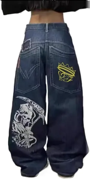 Unisex Y2K Hip Hop Street Jeans with Skeleton Print, Gothic Baggy Jeans, Vintage High Waist Denim, Wide Leg Pants