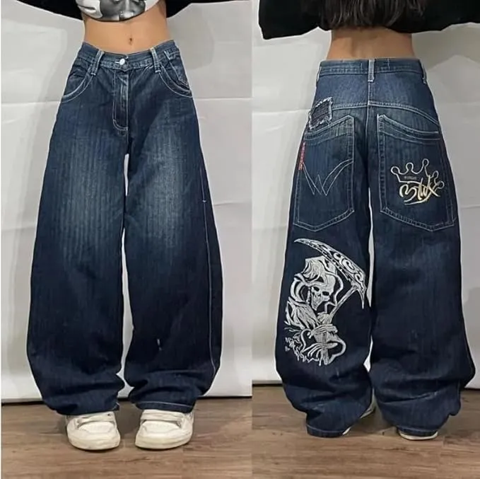 Unisex Y2K Hip Hop Street Jeans with Skeleton Print, Gothic Baggy Jeans, Vintage High Waist Denim, Wide Leg Pants