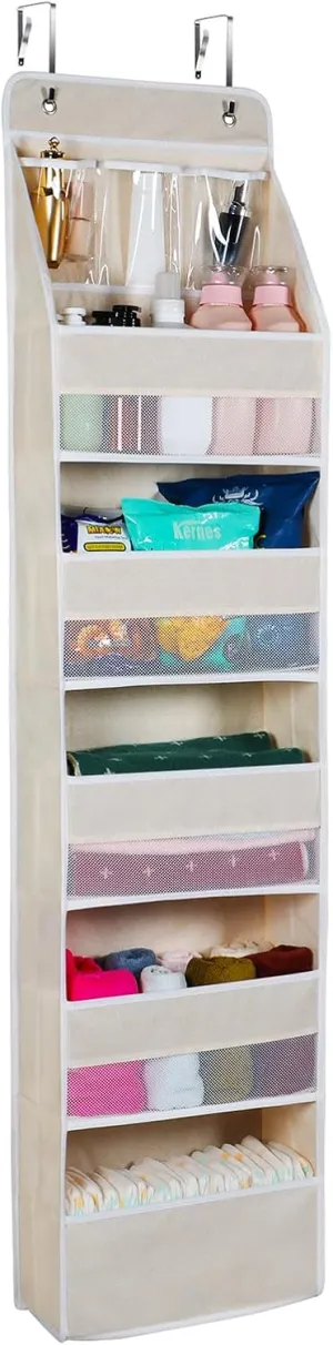 Univivi 6-Shelf Over Door Hanging Organizer Fabric Door Storage with 5 Large Pockets and 3 Small PVC Pockets Wall Mount Hanging Storage Organizers (Beige)…