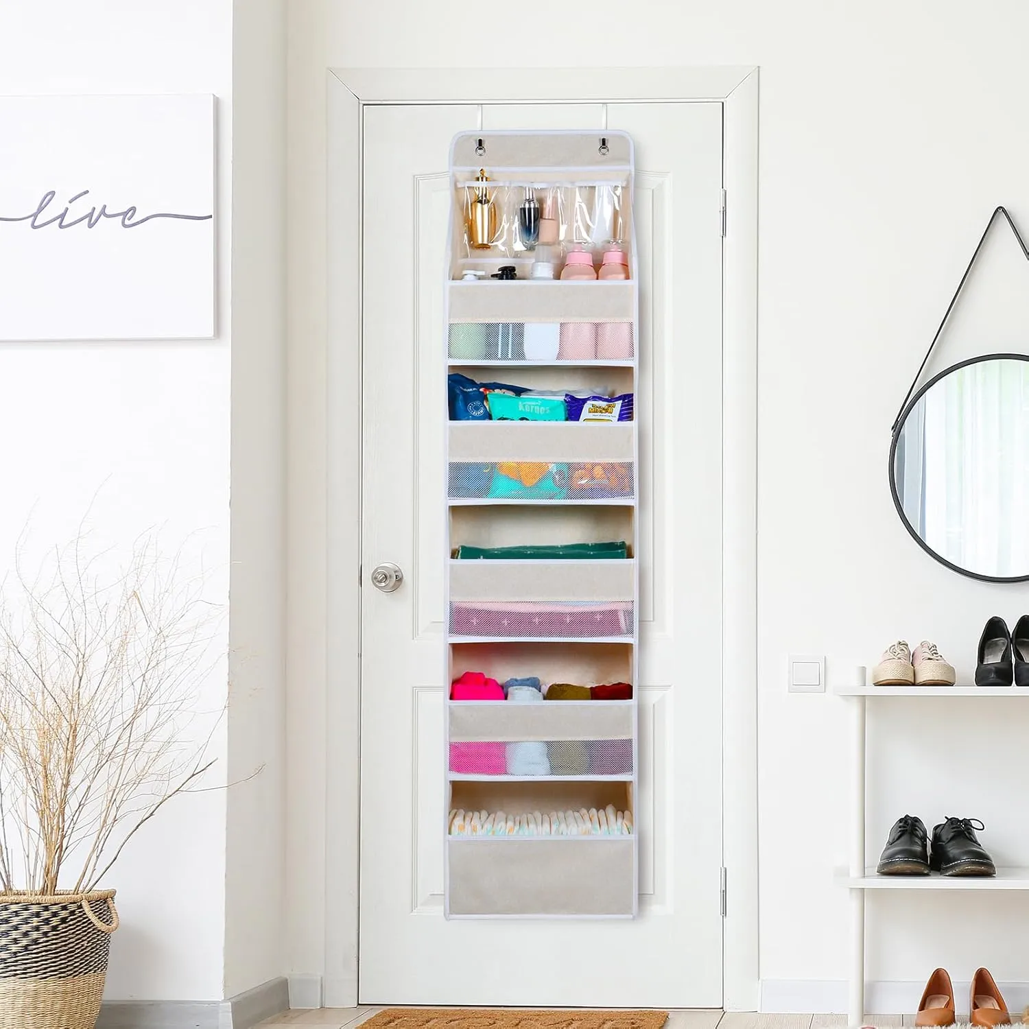 Univivi 6-Shelf Over Door Hanging Organizer Fabric Door Storage with 5 Large Pockets and 3 Small PVC Pockets Wall Mount Hanging Storage Organizers (Beige)…