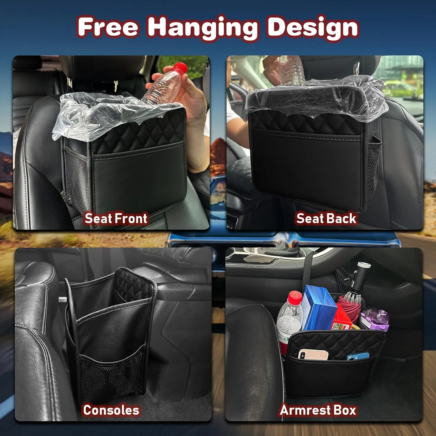 Upgrade Car Seat Organizer Backseat with Storage Pockets, Multipurpose Car Organizer Hanging, Car Trash Bag Can,Premium PU Leather Garbage Can 2.14 Gallon Large Capacity, Black.
