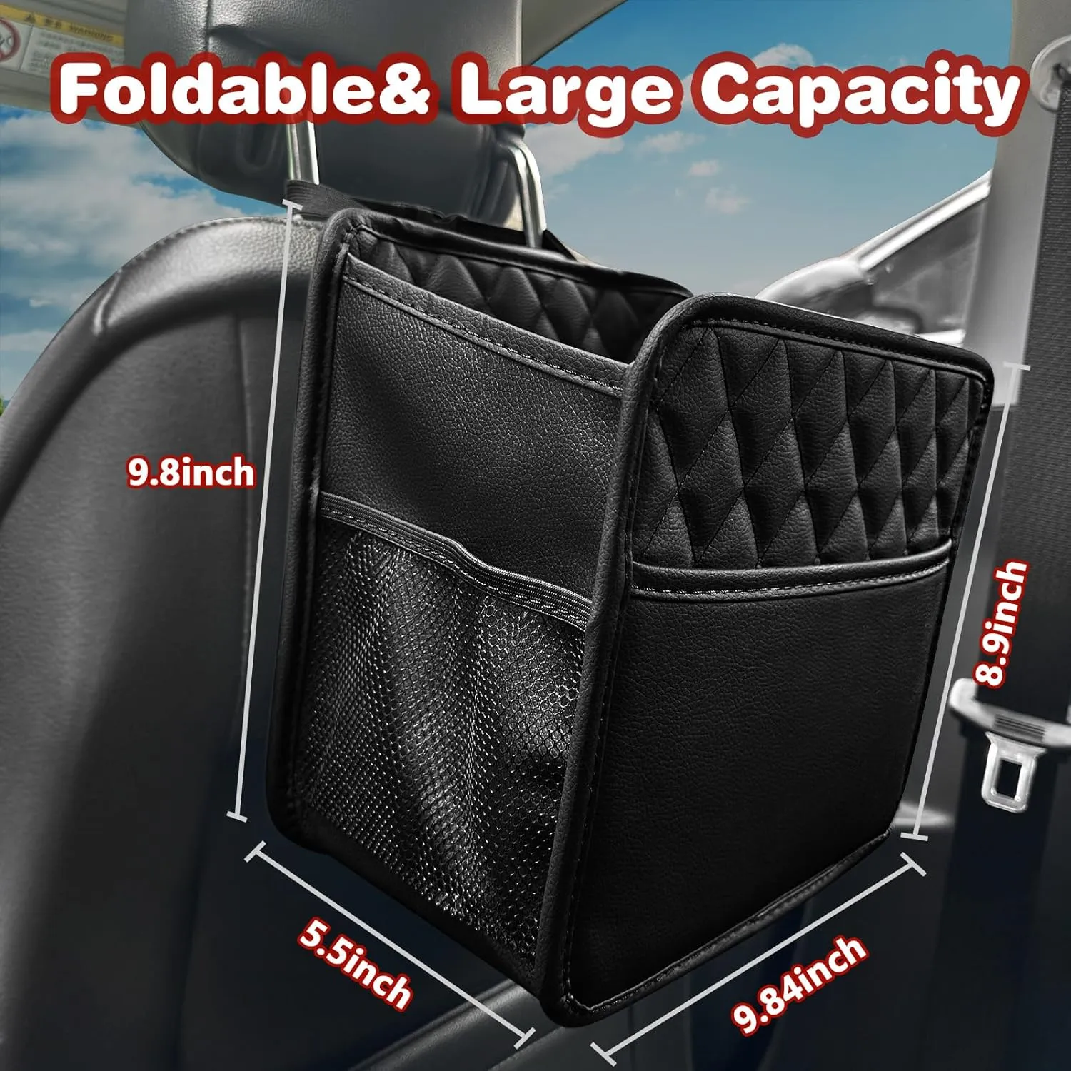 Upgrade Car Seat Organizer Backseat with Storage Pockets, Multipurpose Car Organizer Hanging, Car Trash Bag Can,Premium PU Leather Garbage Can 2.14 Gallon Large Capacity, Black.