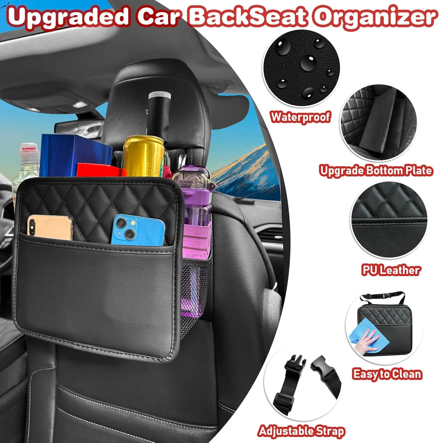 Upgrade Car Seat Organizer Backseat with Storage Pockets, Multipurpose Car Organizer Hanging, Car Trash Bag Can,Premium PU Leather Garbage Can 2.14 Gallon Large Capacity, Black.