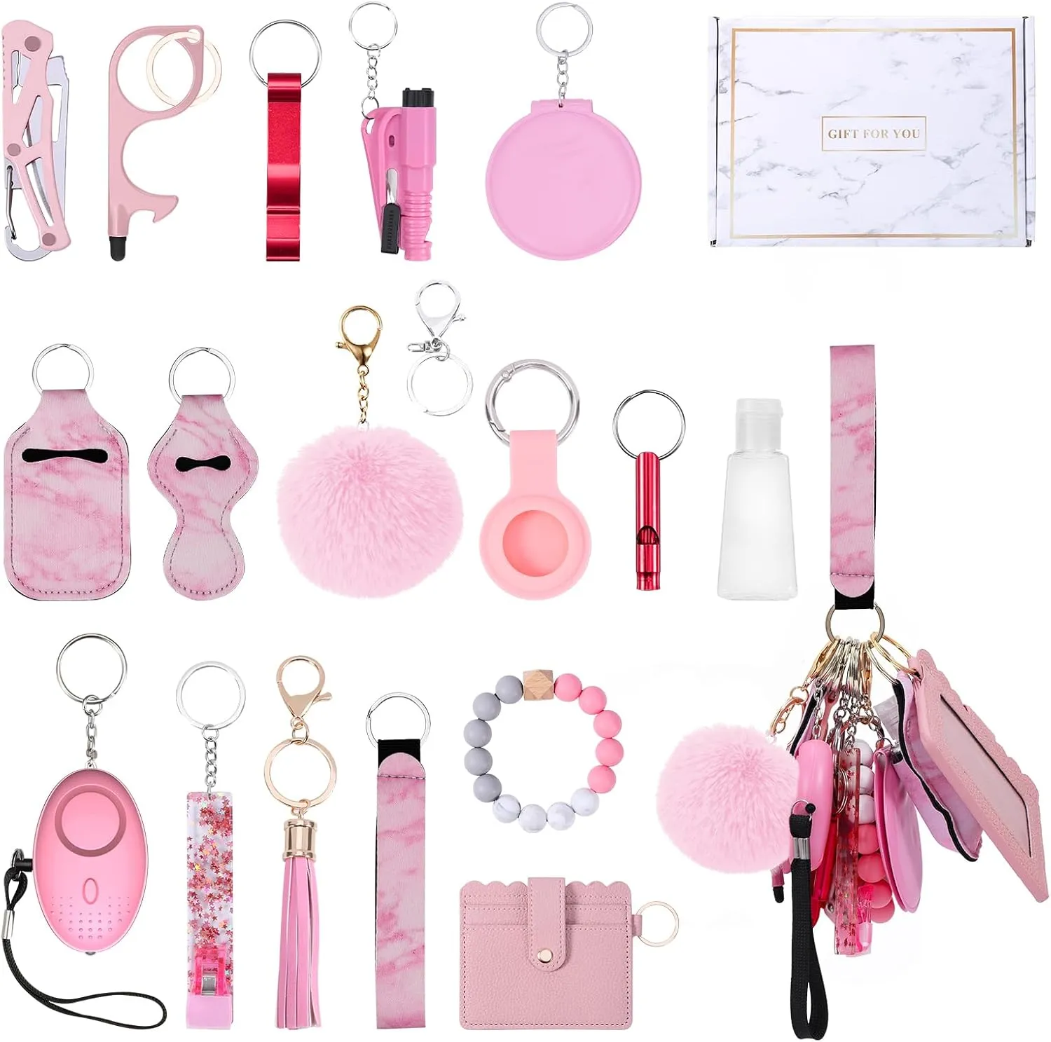 Upgraded Safety Keychain Set for Women, Wristlet Strap Keychain with Personal Alarms, Mirror, Pom Pom, etc. (18PCS)