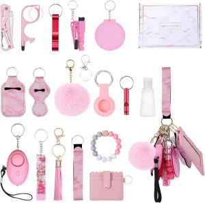 Upgraded Safety Keychain Set for Women, Wristlet Strap Keychain with Personal Alarms, Mirror, Pom Pom, etc. (18PCS)