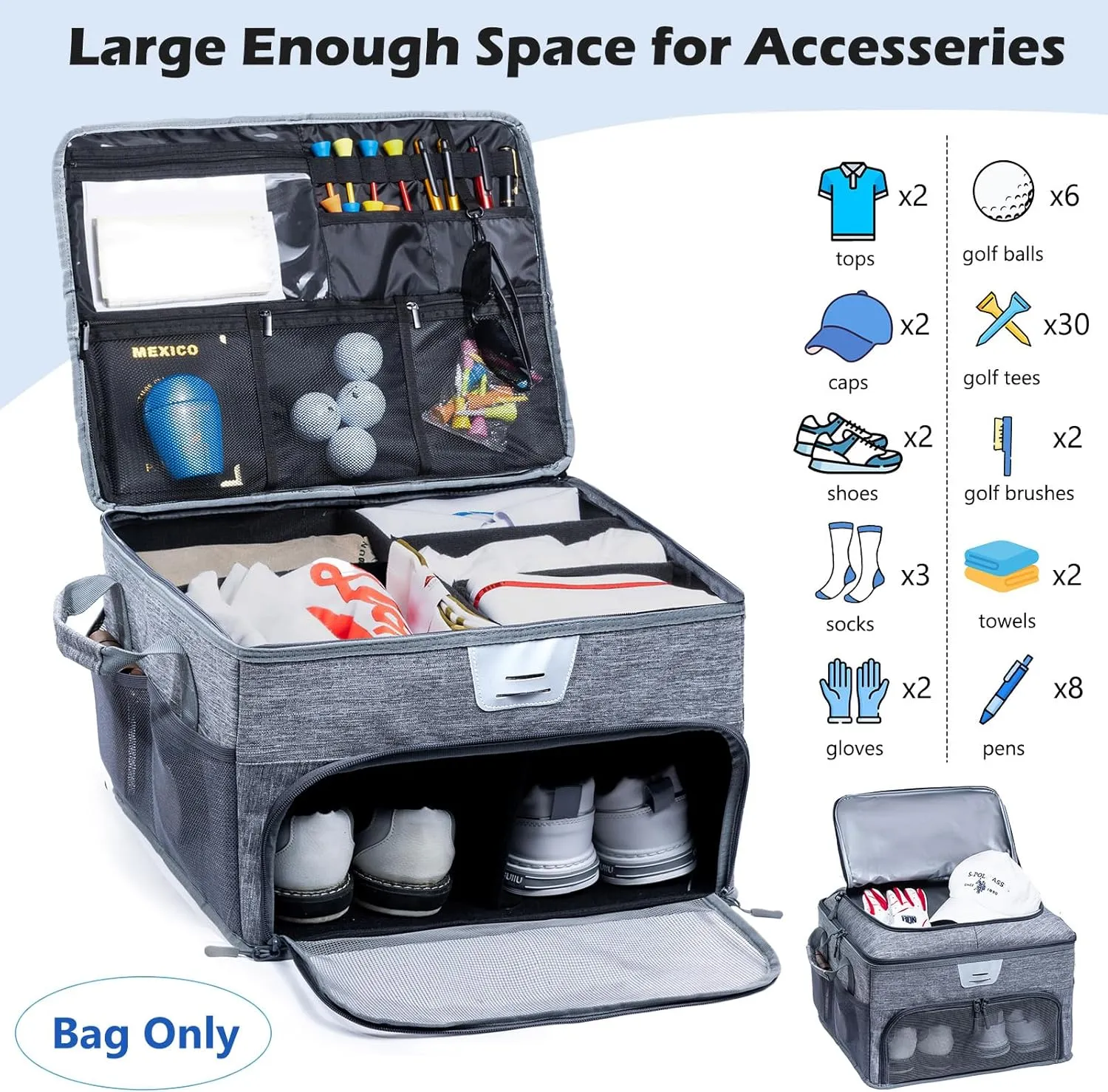 Upgraded Trunk Organizer - Separate Compartment for 2 Pair Shoes, Car Locker Organizer for Golf Balls, Gloves, Accessories