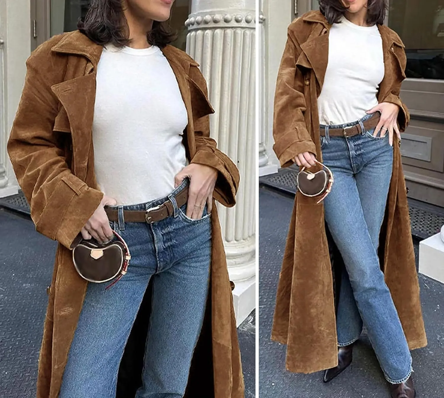 utcoco Womens Faux Suede Long Trench Coat Notched Lapel Double Breasted Pea Coat Overcoat with Belt