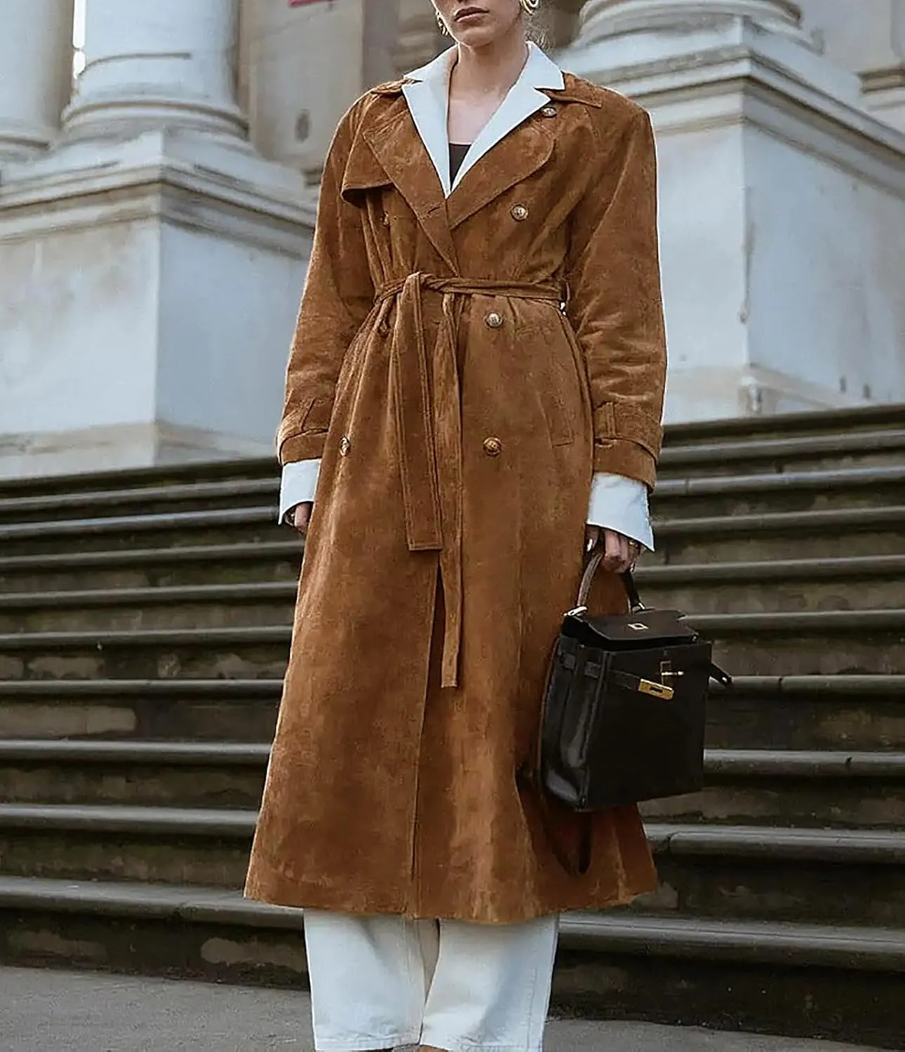 utcoco Womens Faux Suede Long Trench Coat Notched Lapel Double Breasted Pea Coat Overcoat with Belt