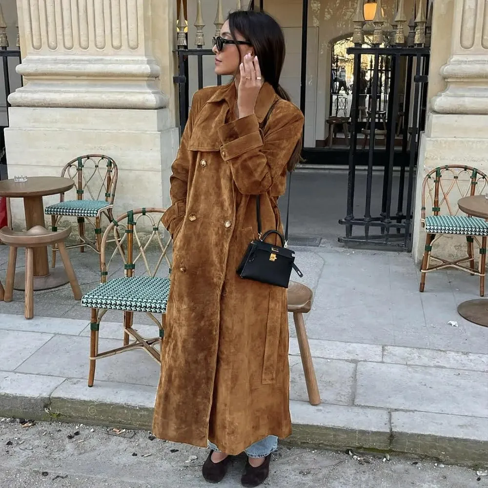 utcoco Womens Faux Suede Long Trench Coat Notched Lapel Double Breasted Pea Coat Overcoat with Belt