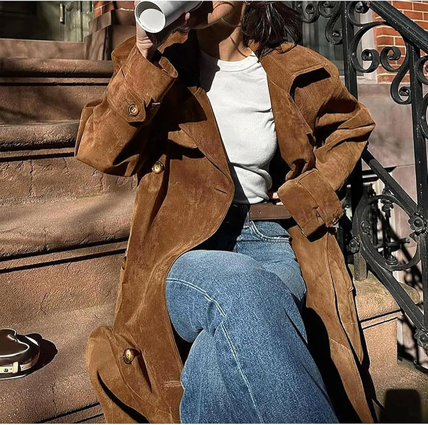 utcoco Womens Faux Suede Long Trench Coat Notched Lapel Double Breasted Pea Coat Overcoat with Belt