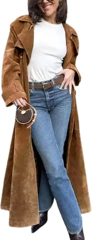 utcoco Womens Faux Suede Long Trench Coat Notched Lapel Double Breasted Pea Coat Overcoat with Belt