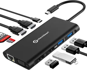 UtechSmart Docking Station, Triple Monitors USB C Laptop Docking Station, 11-1 USB C Dock with 2 HDMI, VGA, PD3.0, SD TF Card Slot, 4 USB Ports USB-C Adapter Compatible for MacBook & Windows(Black)